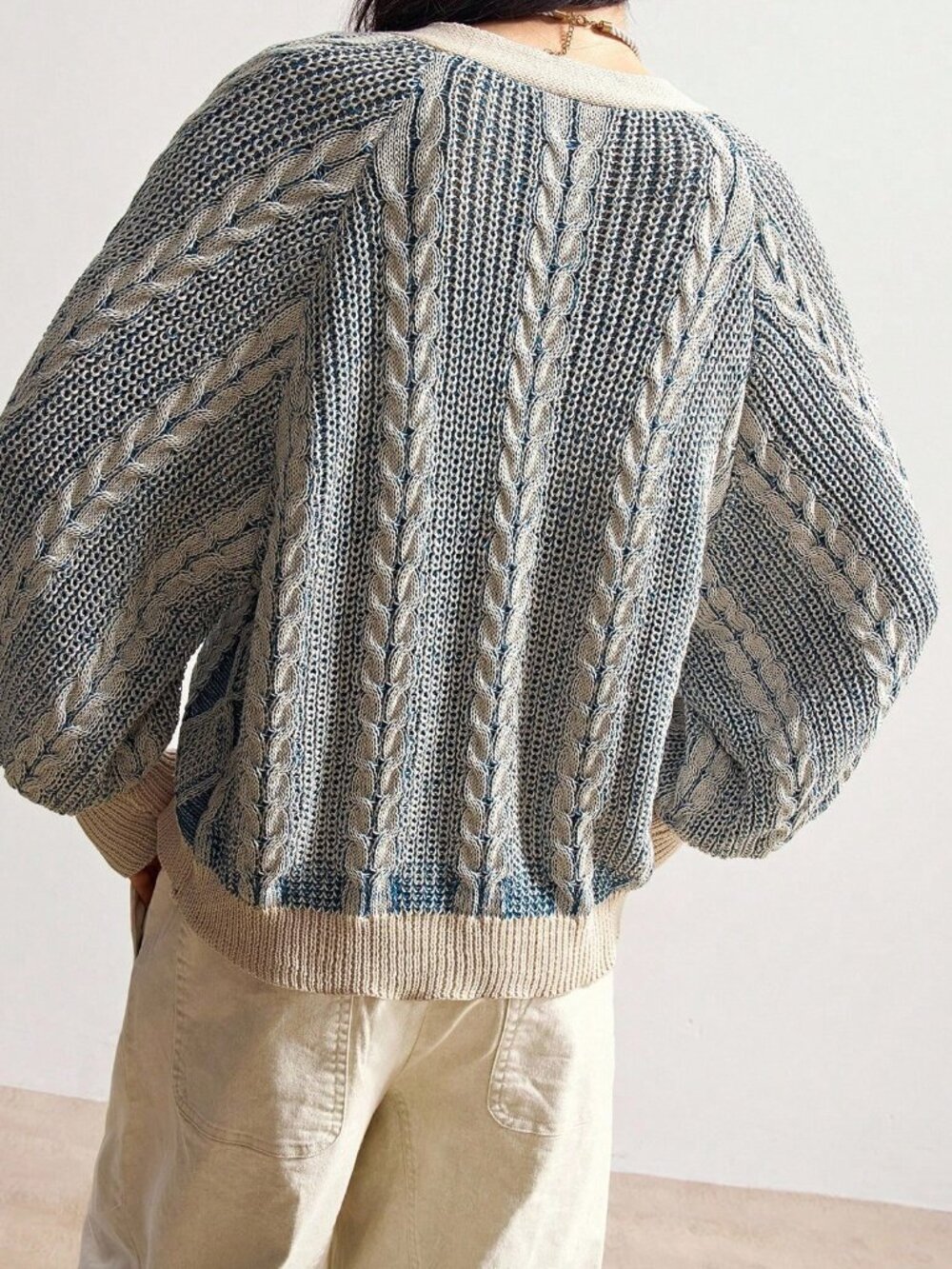 Blue Casual Women's Minimalist Lantern Sleeve Single-Breasted Knit Cardigan - Picture 2 of 8